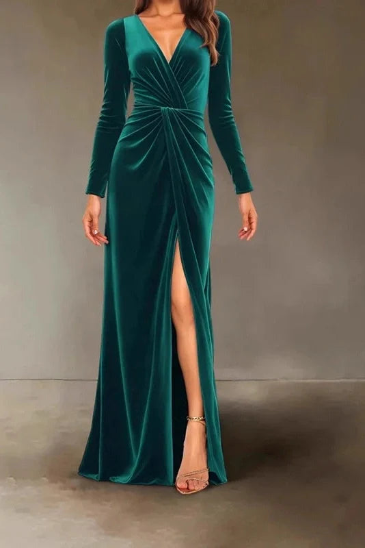 V-Neck Slim High Waist Pleated A-Line Maxi Dress