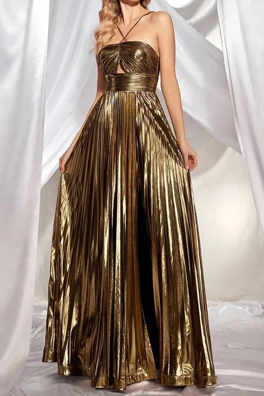 Hollow Out High Waist Sleeveless Pleated Backless Maxi Dress