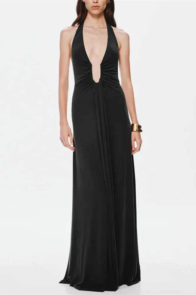 V-Neck High Waist Backless Slim Pleated Maxi Dress