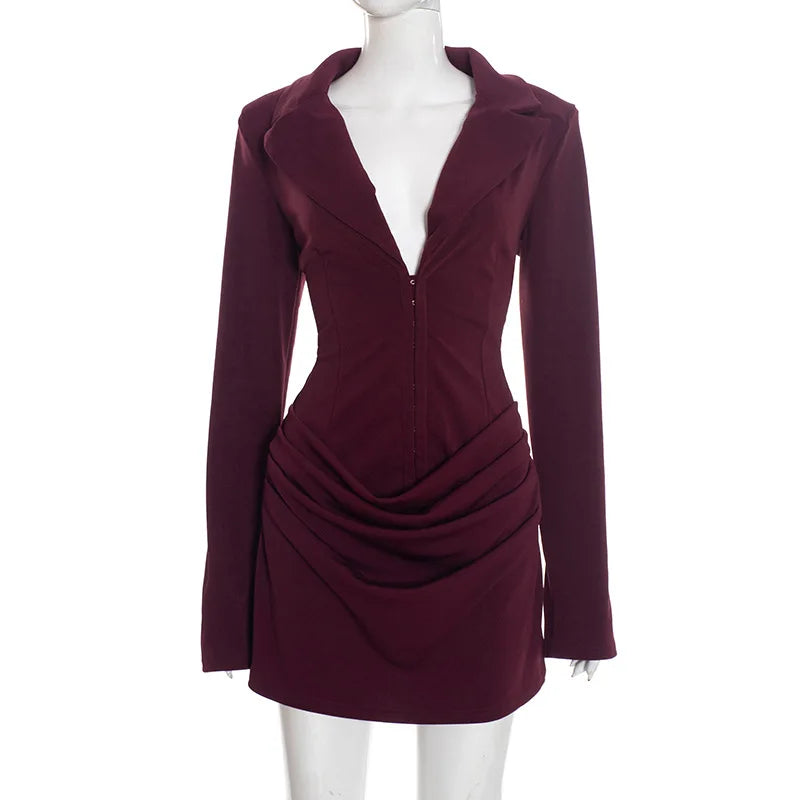 Deep V Neck Long Sleeve High Waist Mini Dress