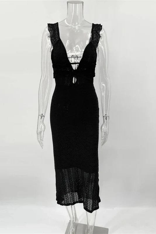 Deep V Neck Sleeveless See Through High Waist Knitted Maxi Dress