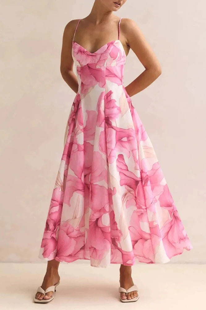 Floral Printed High Waist Sleeveless Pleated Midi Dress