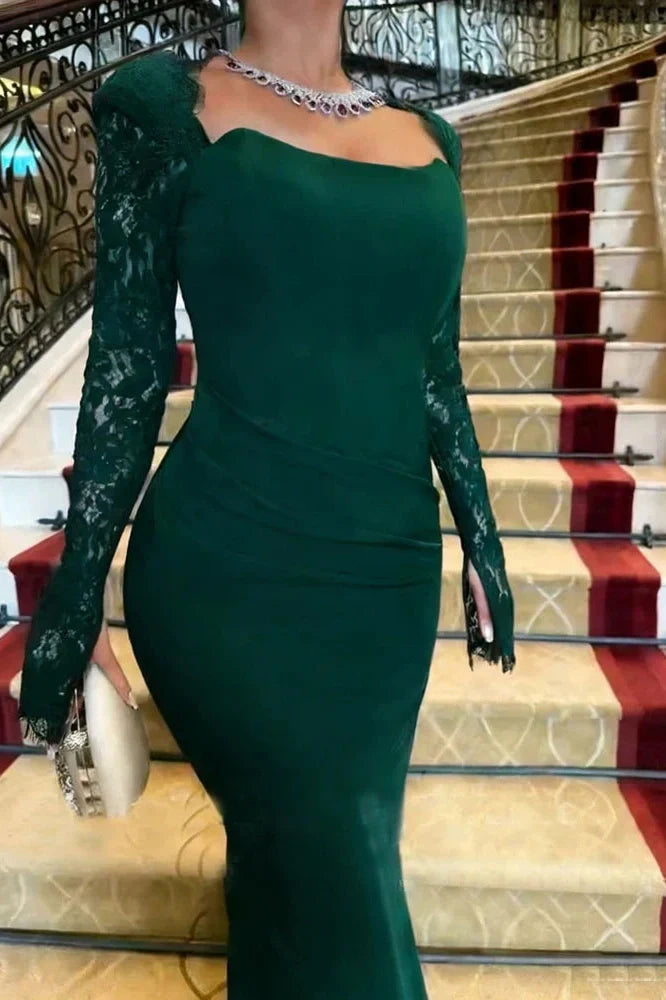 Long Sleeve Pleated Bodycon Square Collar Lace Slim Maxi Dress