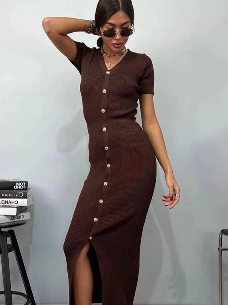 Knitted V Neck Short Sleeve Slim Midi Dress