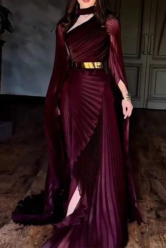 Elegant Hollow Out Printed Slit Sleeve High Waist Maxi Dress