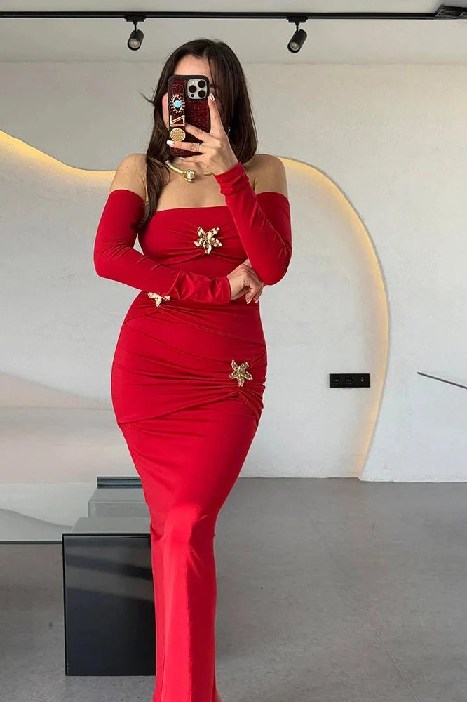 Strapless Off-Shoulder Backless Long Sleeve Bodycon Maxi Dress