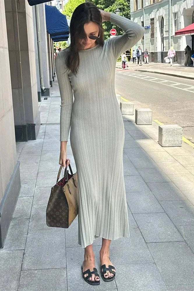 Long Sleeve High Waist Patchwork Slim Maxi Dress