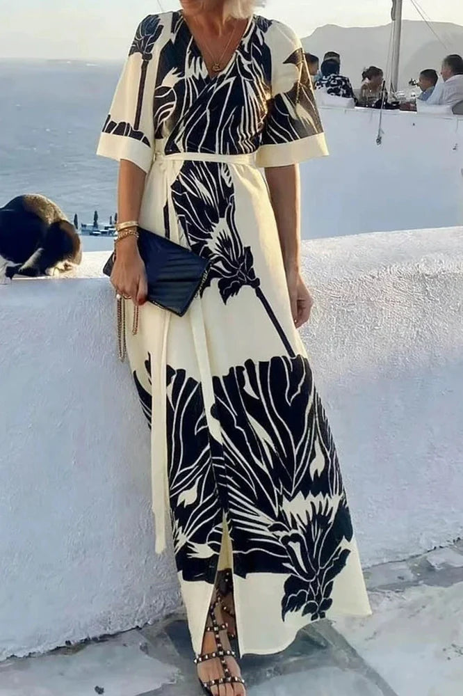 V-Neck Short Sleeve Pleated Printed Maxi Dress