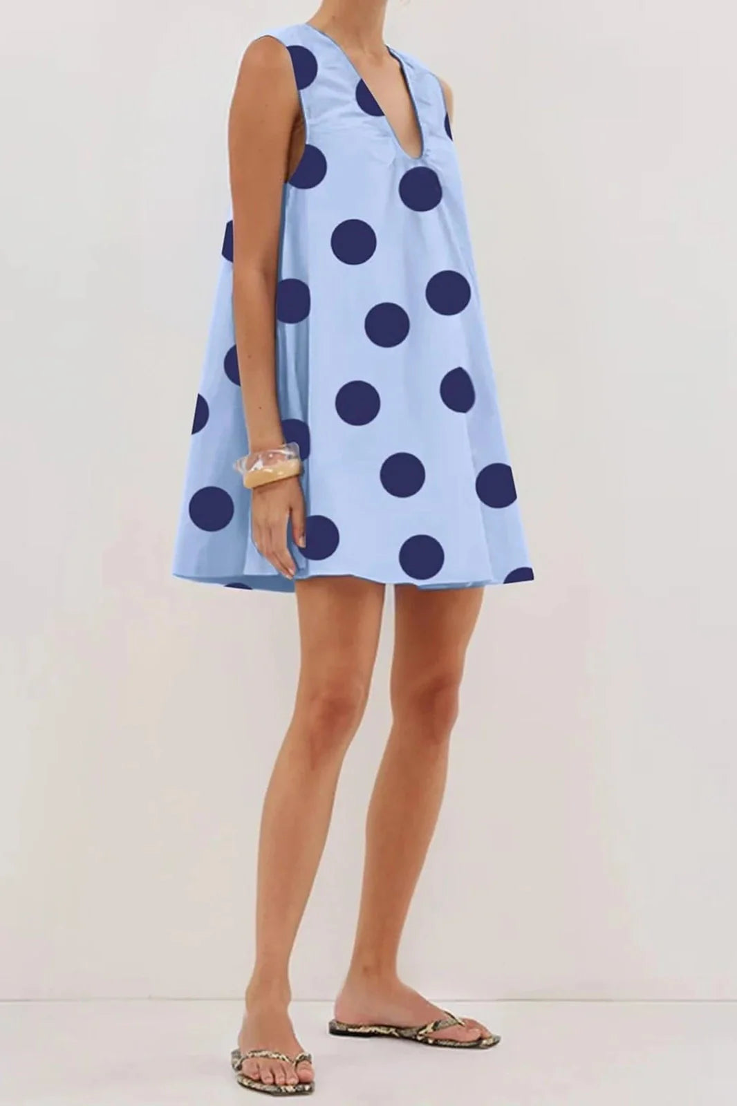 Printed V Neck Sleeveless Loose Fit Mini Dress