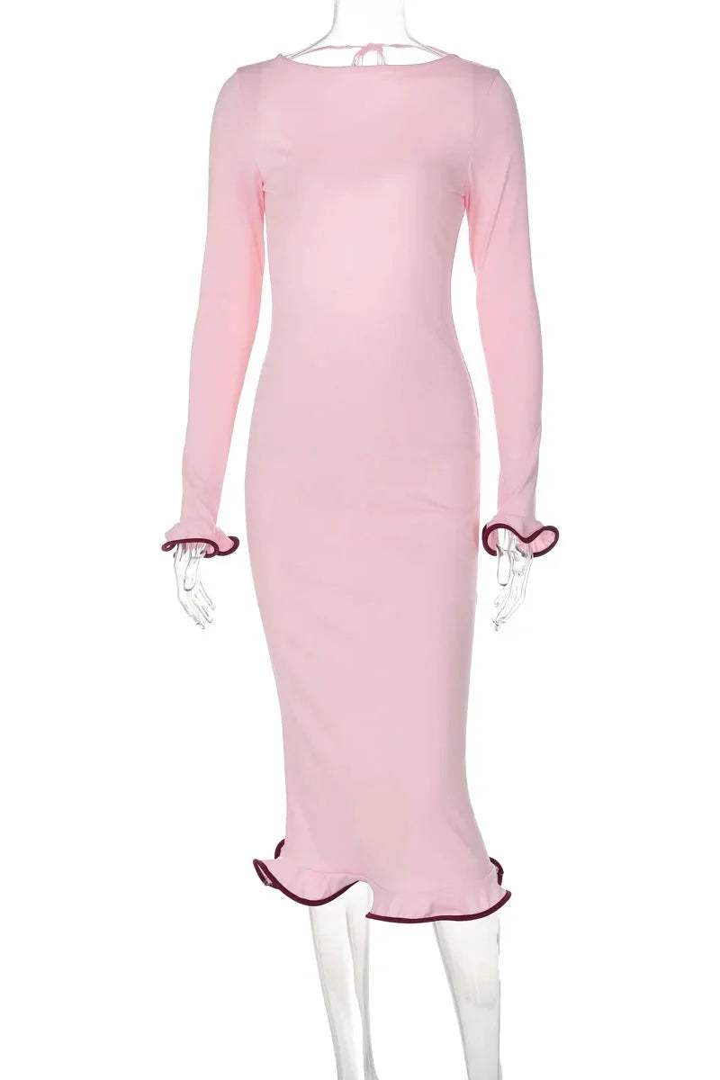 Elegant Slim Fit Patchwork Long Sleeve Backless Midi Dress
