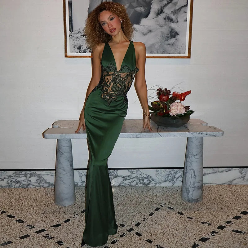 V Neck Backless Slim Lace Maxi Dress