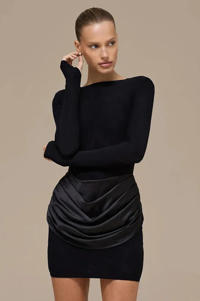 Long Sleeve Patchwork O Neck High Waist Mini Dress