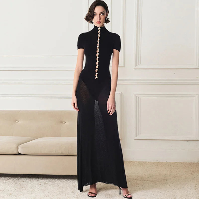 Hollow Out See Through Patchwork Maxi Dress