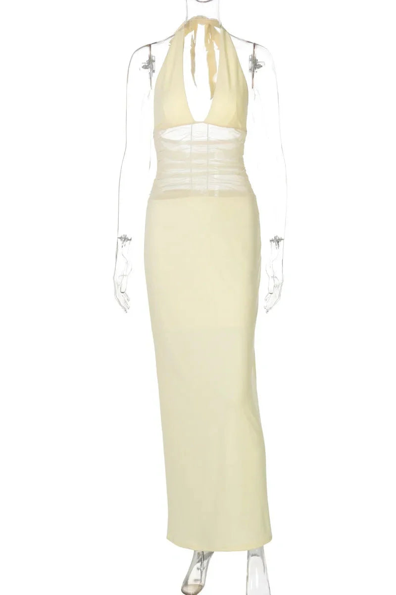 See Through Deep V Neck Sleeveless Backless Bodycon Maxi Dress