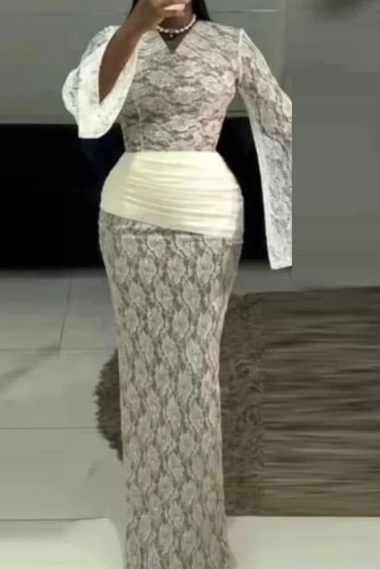 Hollow Out Lace Flare Sleeve High Waist Slim Maxi Dress