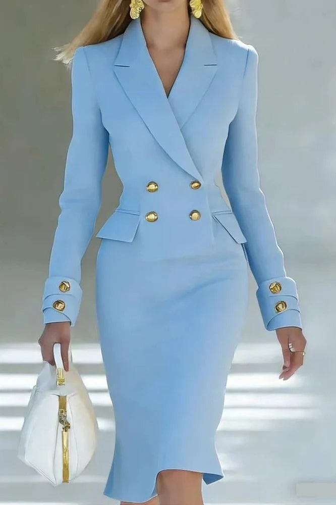 Elegant Long Sleeve V-Neck High Waist Slim Midi Dress