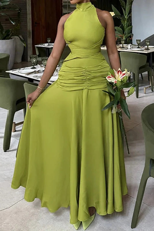 Hollow Out High Waist Lace Up Sleeveless Pleated Maxi Dress