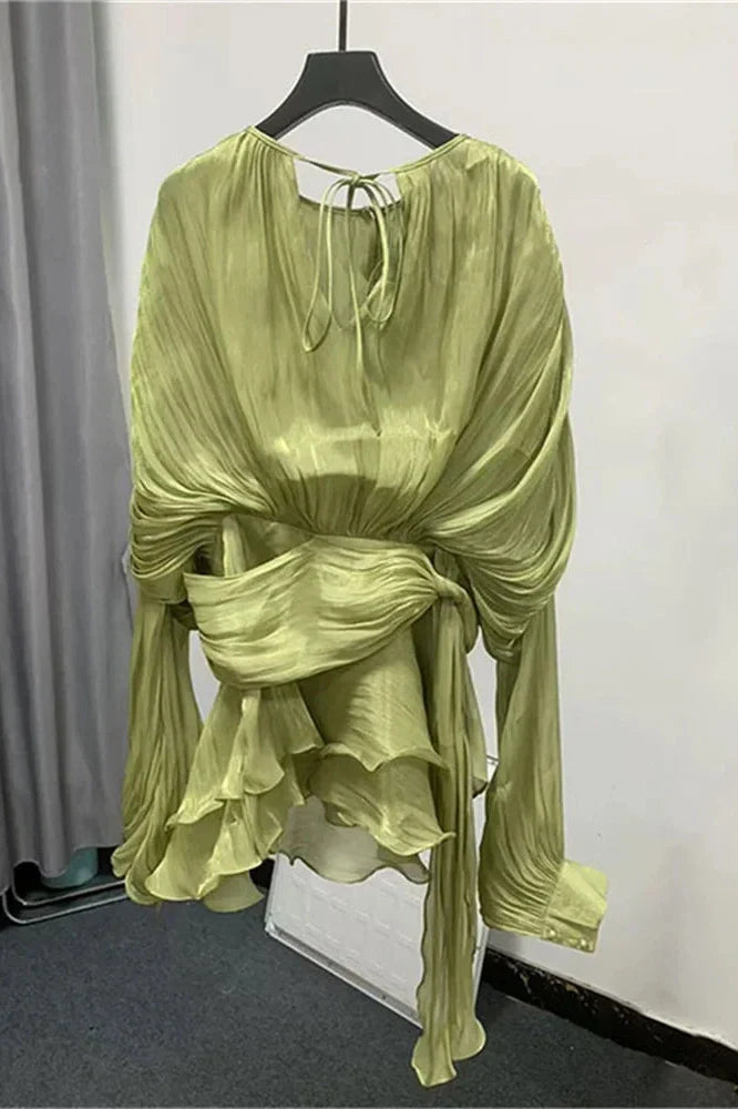Elegant Pleated Long Sleeve High Waist Mini Dress