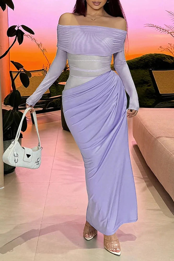 See-Through Patchwork Off-Shoulder Long Sleeve Maxi Dress