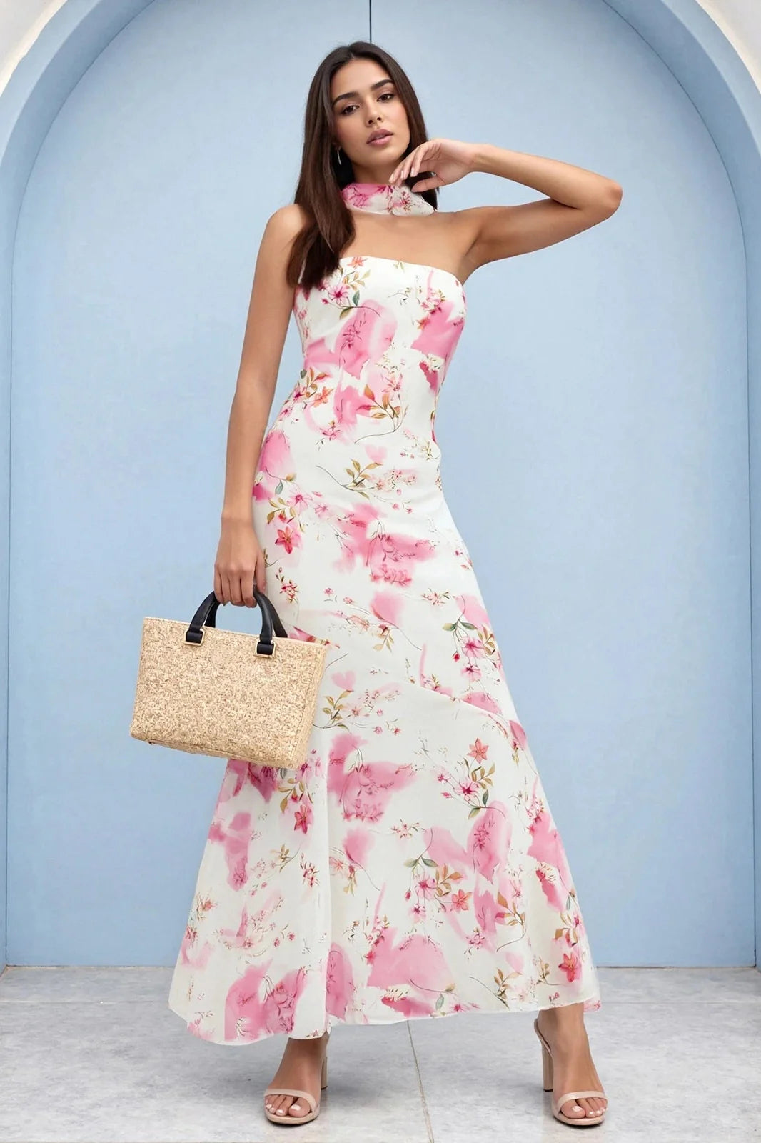 Printed Strapless Backless Bodycon Slim Maxi Dress