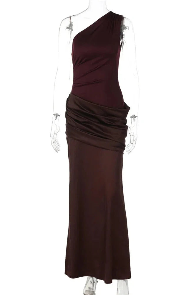 One-Shoulder Patchwork High Waist Slim Maxi Dress