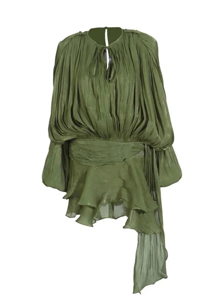 Elegant Pleated Long Sleeve High Waist Mini Dress