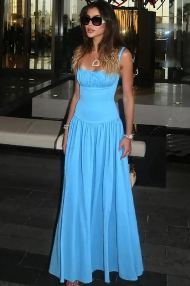 Spaghetti Strap Backless Sleeveless High Waist Pleated Maxi Dress