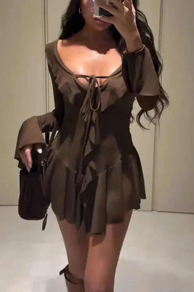 Lace-Up V-Neck Patchwork Long Sleeve Slim Mini Dress