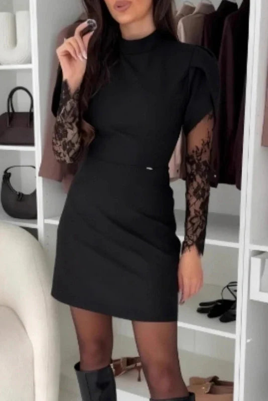 O-Neck Lace Long Sleeve Slim High Waist Pleated A-Line Mini Dress