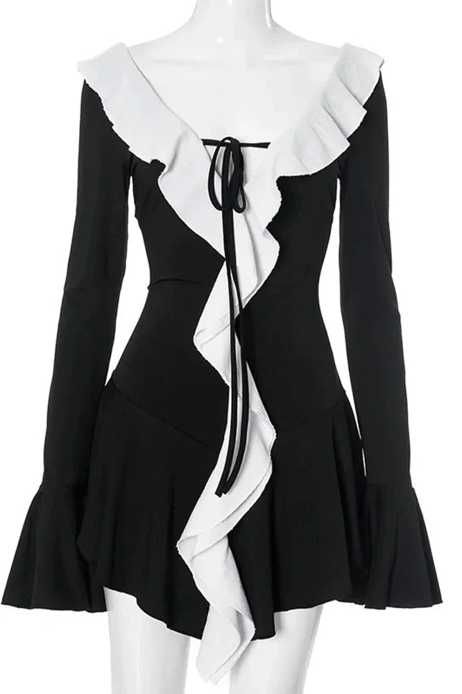 Lace-Up V-Neck Patchwork Long Sleeve Slim Mini Dress