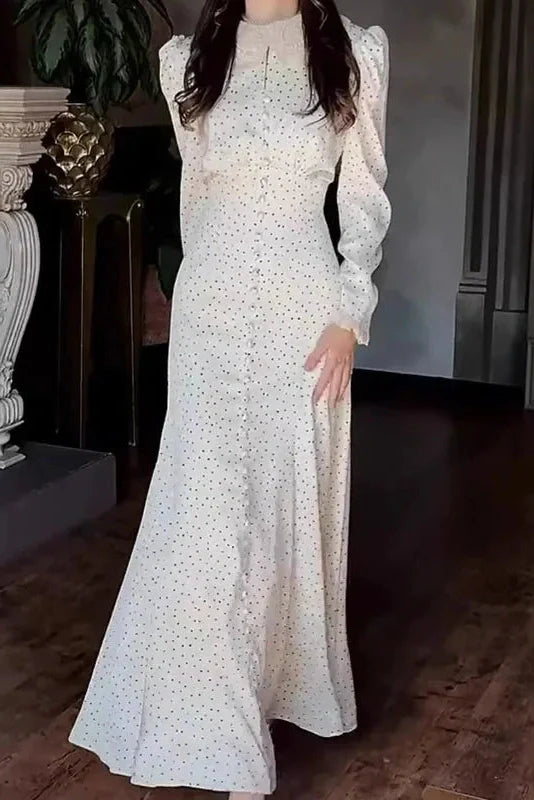 Elegant Long Sleeve Slim Lace Up High Waist Pleat Printed Maxi Dress
