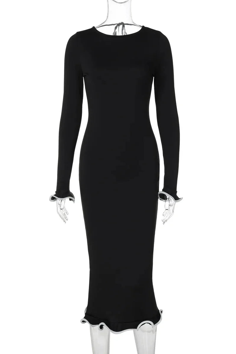 Elegant Slim Fit Patchwork Long Sleeve Backless Midi Dress