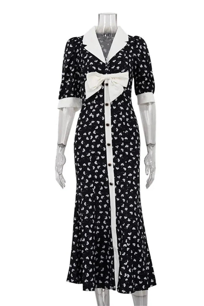 Printed V-Neck Patchwork Midi Dress