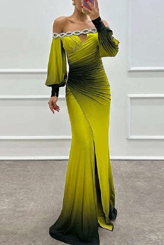 Off Shoulder Patchwork High Waist Pleated Slim Sleeves Maxi Dress