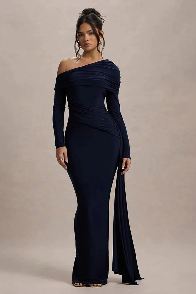 Skew Collar Long Sleeve Backless Bodycon Maxi Dress
