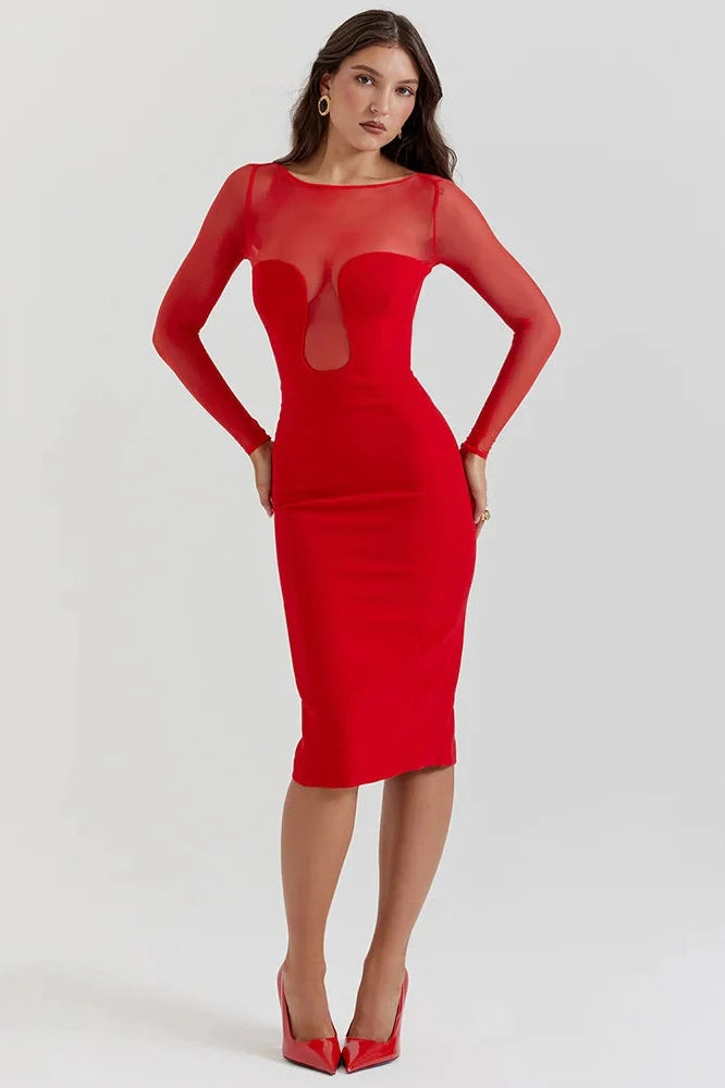 Elegant Long Sleeve Strapless Backless Split Bodycon Midi Dress