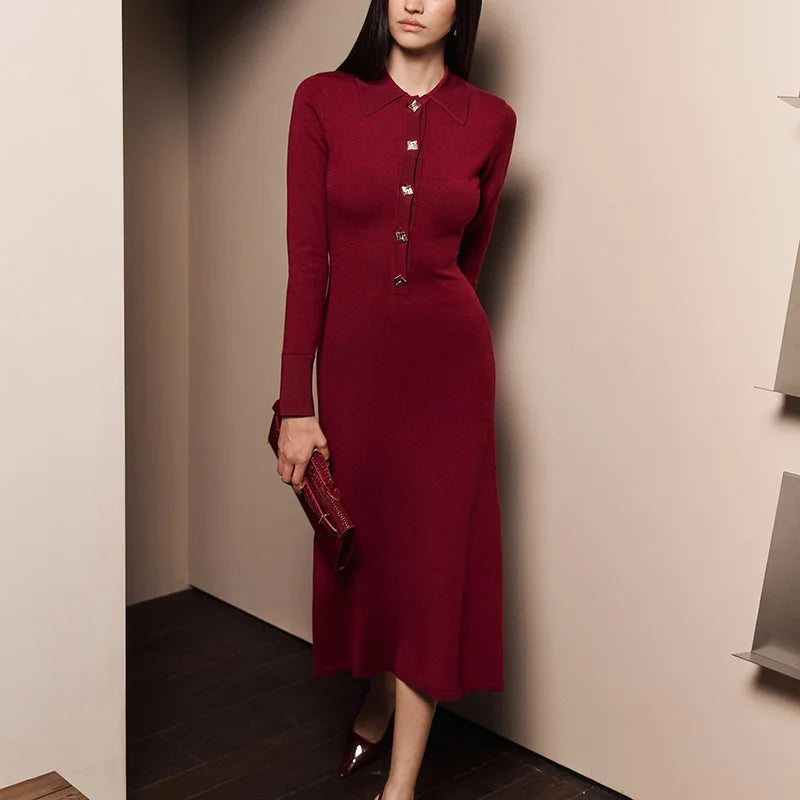 Button Lapel Collar High Waisted Long Sleeve Midi Dress