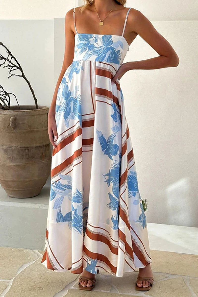 Printed Spaghetti Strap Backless A-Line Maxi Dress