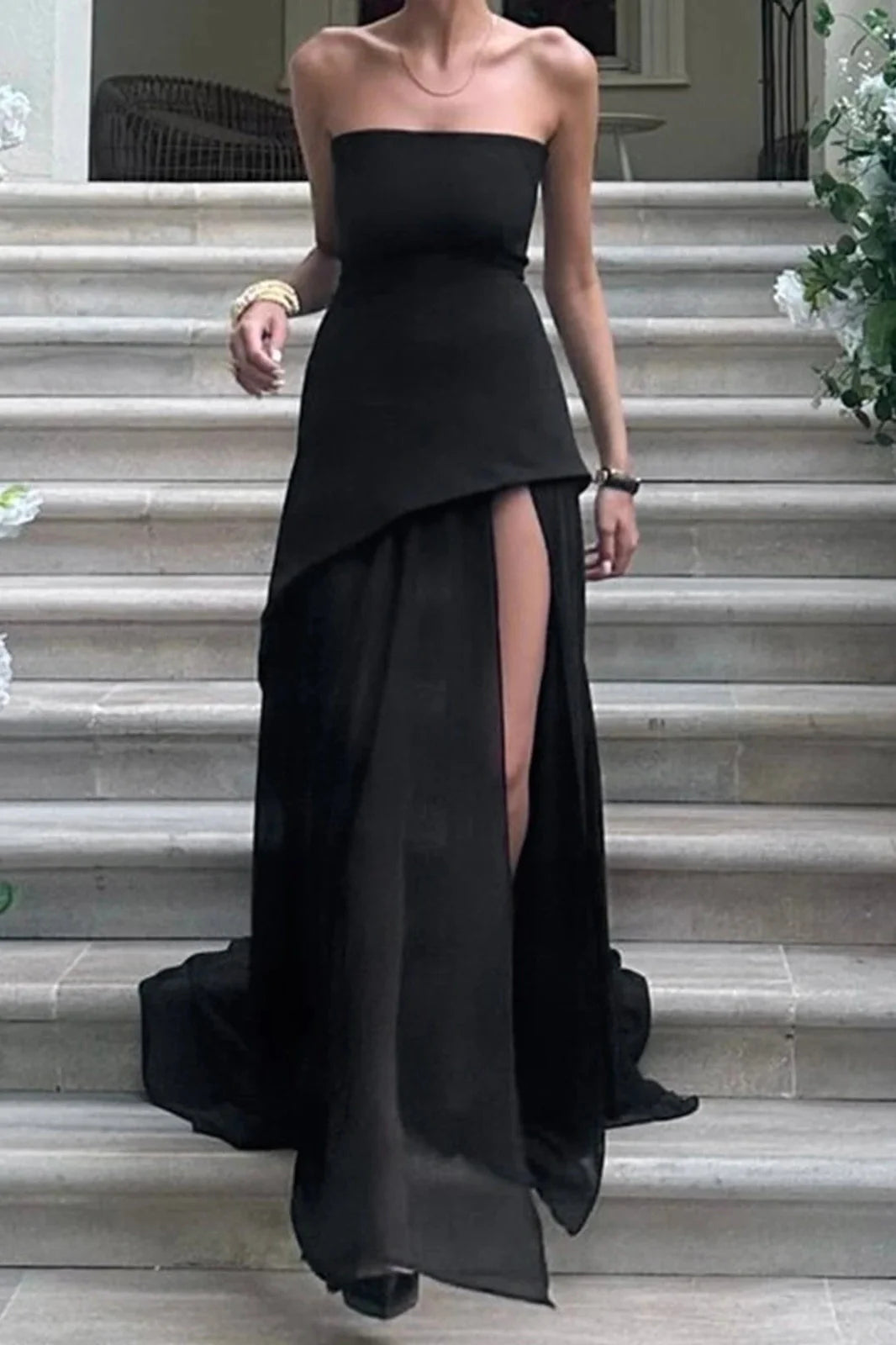 Off-Shoulder High Split Strapless Sleeveless Maxi Dress