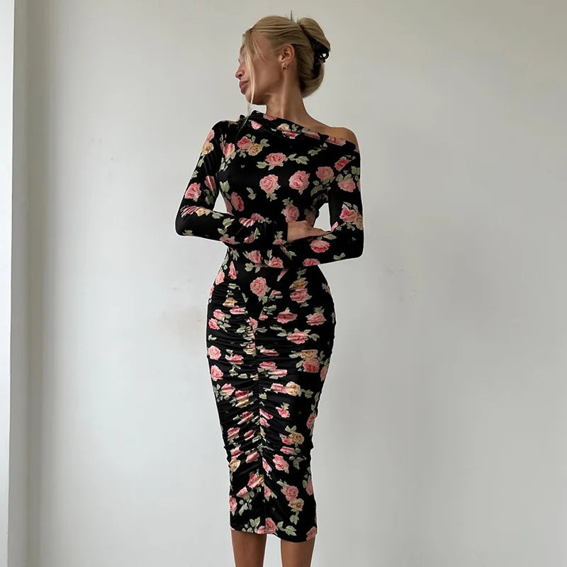Printed Pleated Long Sleeve Bodycon Midi Dress