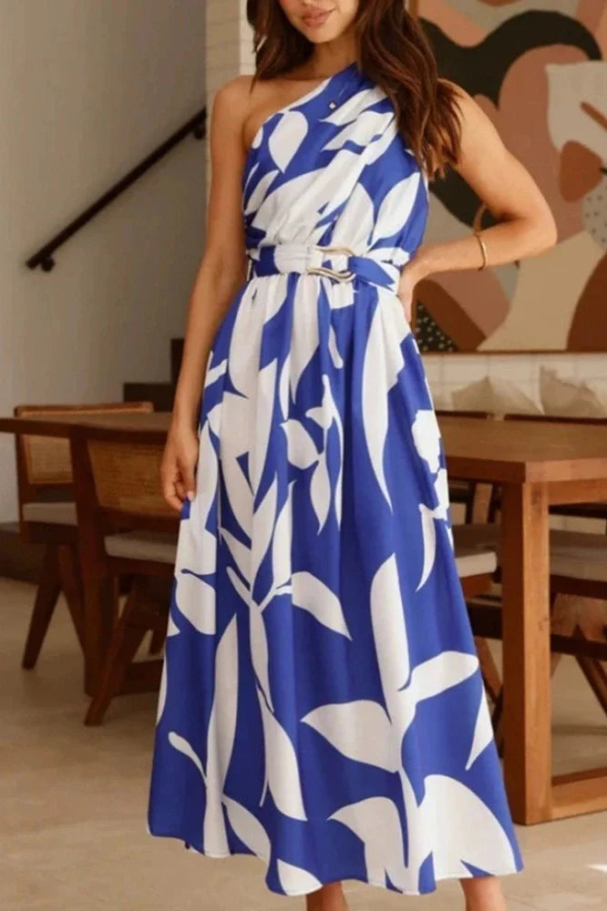 One Shoulder High Waist Pleated Sleeveless Maxi Dress