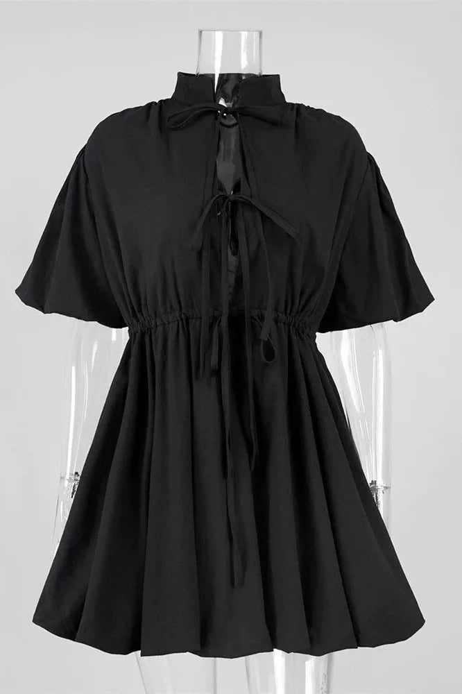 Lace-Up Short Sleeve V-Neck High Waist Mini Dress