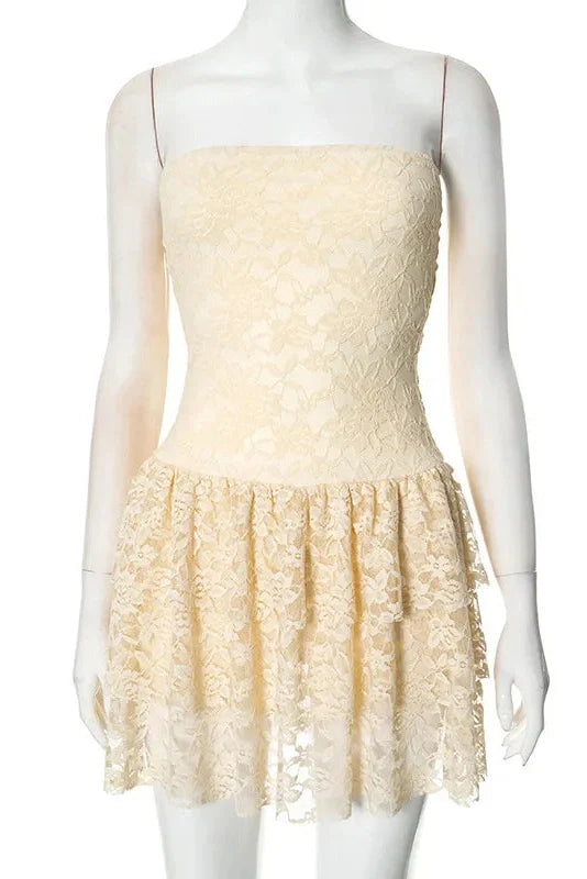 Off-Shoulder Strapless Lace Sleeveless High Waist Pleated Mini Dress