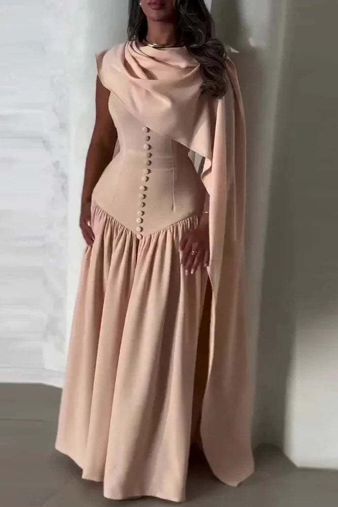 Elegant Sleeveless Shawl Collar Pleat Maxi Dress