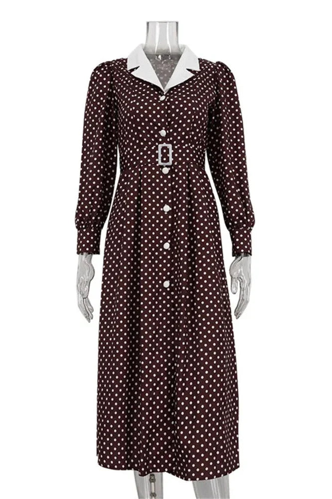 Printed High Waist Long Sleeve Slim Midi Dress