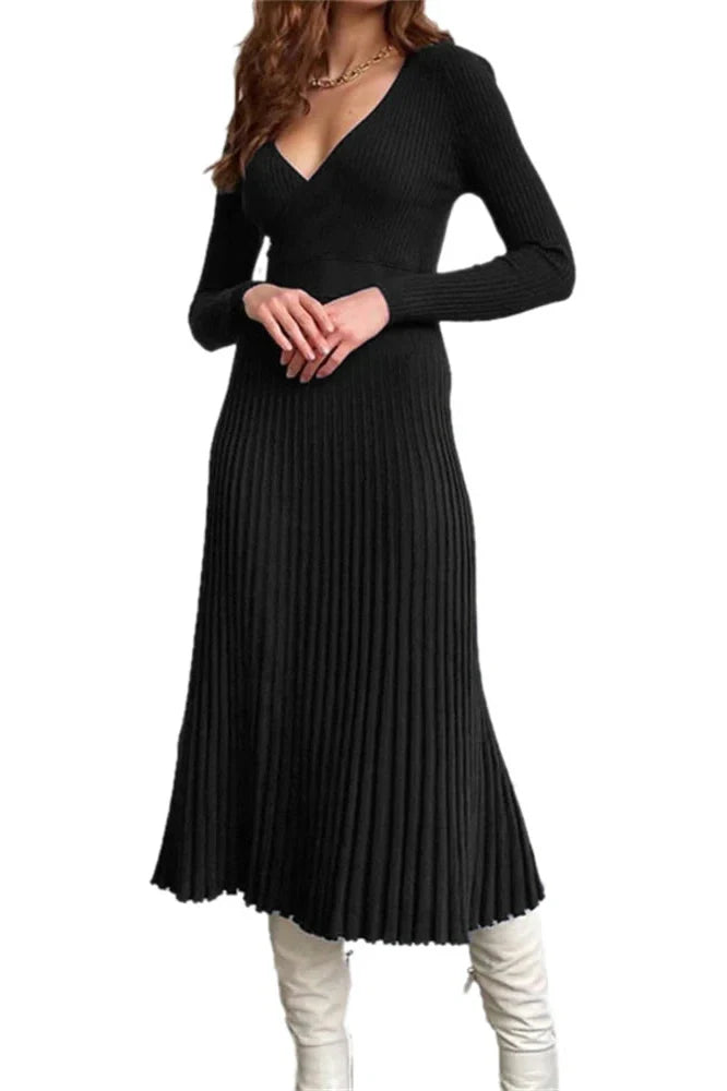 V-Neck Knitted A-Line Patchwork Midi Dress