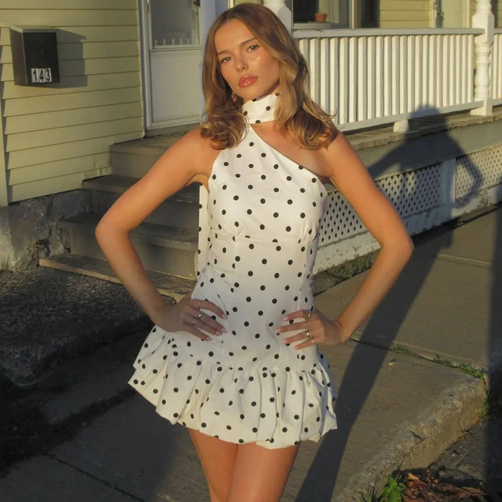 Polka Dot Scarf Ribbon Backless Sleeveless Mini Dress