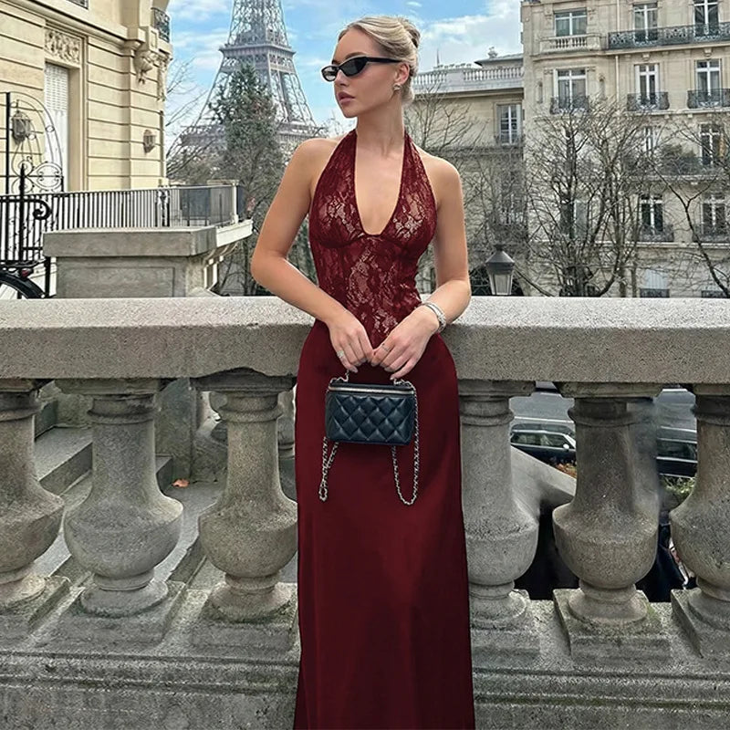 Hollow Lace Backless Slim Maxi Dress