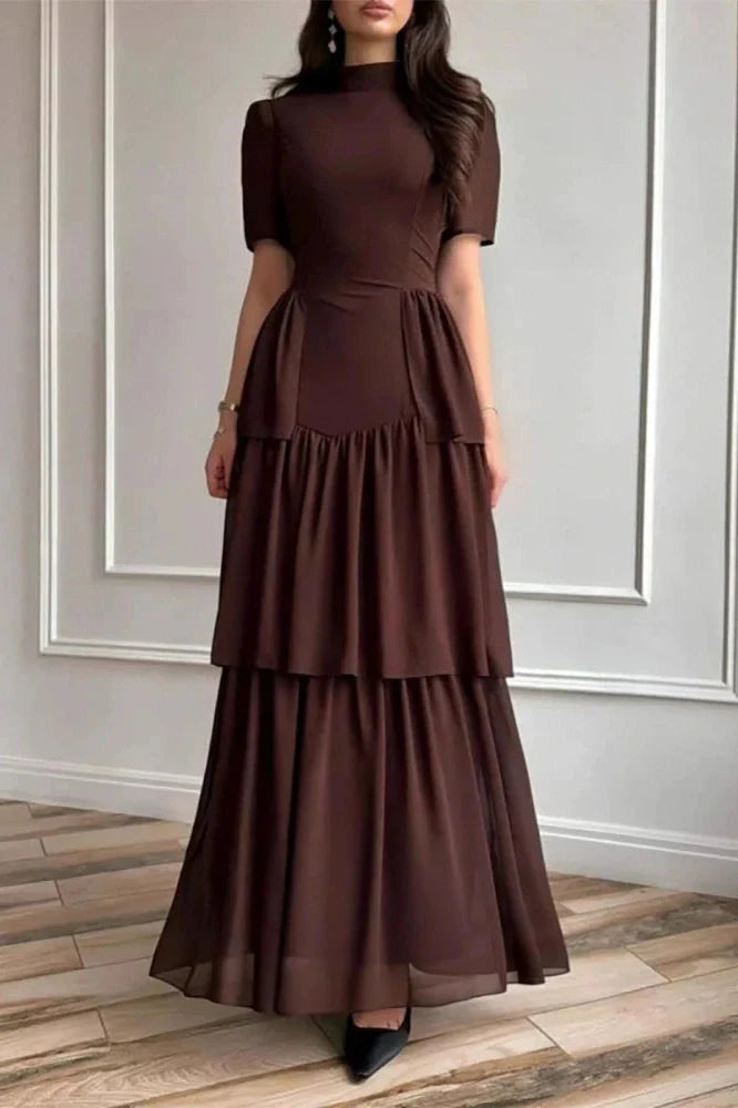 O-Neck Pleat High Waist Maxi Dress