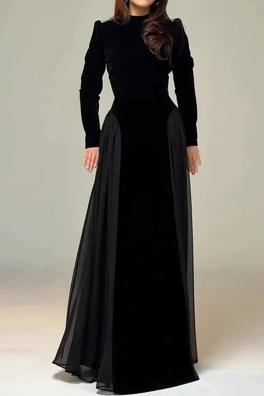 Elegant Long Sleeve Pleated O-Neck Maxi Dress